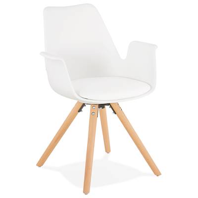 Chaise scandinave design à accoudoirs 'KUNG' blanche avec 4 pieds en bois naturel