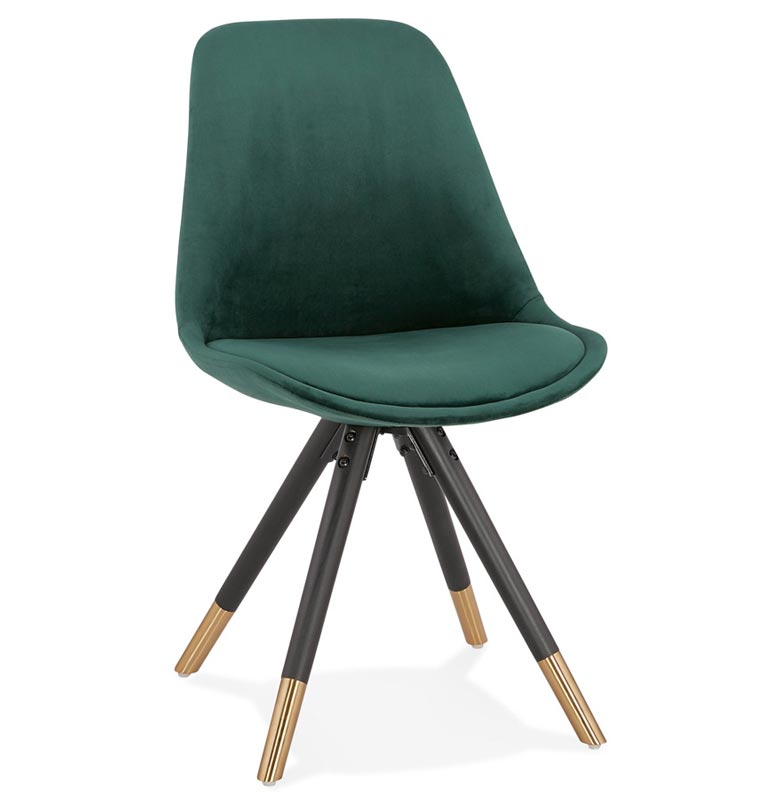 Chaise design 'Modena' en velours vert avec 4 pieds en bois noir et métal brossé doré
