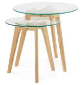 Tables basses scandinaves gigognes rondes 'Mukavä' plateau en verre 3 pieds en bois - Ø 50 cm