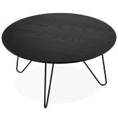 Table basse style industriel ronde 'Cooper' plateau en bois noir 4 pieds en métal noir - Ø 80 cm