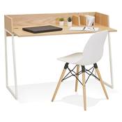 Petit bureau droit / table de travail design 'RAFFINE' bois naturel pieds métal blanc - 120 x 60 cm