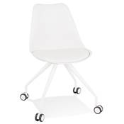 Petite chaise de bureau design à roulettes dossier bas 'SIMPLE' blanche avec pieds en métal blanc