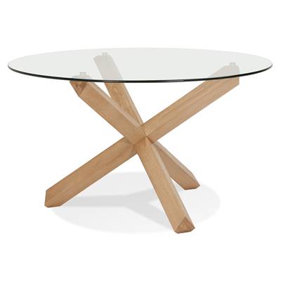 Table ronde design 'FAST GLAS' plateau en verre trempé transparent pieds Chêne massif - Ø 120 cm
