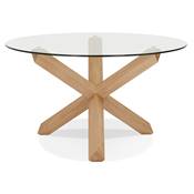 Table ronde design 'FAST GLAS' plateau en verre trempé transparent pieds Chêne massif - Ø 120 cm