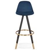 Tabouret de bar 'MODEN' velours bleu 4 pieds bois noir repose pieds et pieds métal doré dossier haut