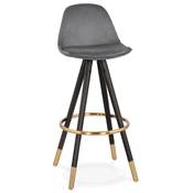 Tabouret de bar 'MODEN' velours gris 4 pieds bois noir repose pieds et pieds métal doré dossier haut