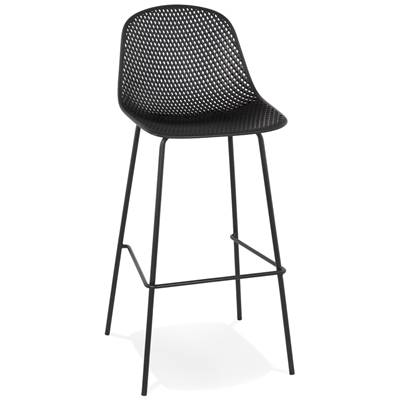 Tabouret de bar design intérieur/extérieur 'RAINY' perforé noir 4 pieds en métal noir dossier haut