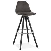 Tabouret de bar 'BLACK CIRCLE' en microfibre grise 4 pieds en bois noir et métal chromé dossier haut