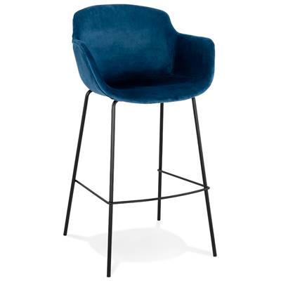 Tabouret de bar design à accoudoirs moderne 'CARINO' en velours bleu avec 4 pieds en métal noir