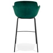 Tabouret de bar design à accoudoirs moderne 'CARINO' en velours vert avec 4 pieds en métal noir