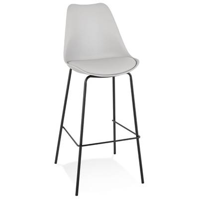 Tabouret de bar design moderne 'KESKI' gris avec 4 pieds et repose pieds en métal noir dossier haut