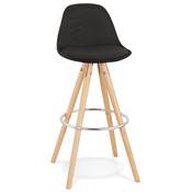 Tabouret de bar scandinave 'CIRCLE' tissu noir 4 pieds bois naturel repose pieds chromé dossier haut