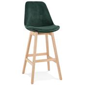 Tabouret de bar design scandinave 'CHAIRMAN' en velours vert 4 pieds en bois naturel et dossier haut