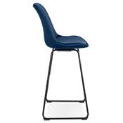 Tabouret de bar 'GUSTO' en velours bleu pieds tréteaux et repose pieds en métal noir dossier haut