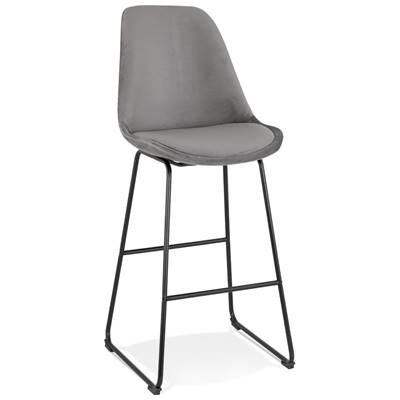 Tabouret de bar 'GUSTO' en velours gris pieds tréteaux et repose pieds en métal noir dossier haut