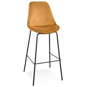 Tabouret de bar 'KESKI' en velours moutarde 4 pieds et repose pieds en métal noir dossier haut