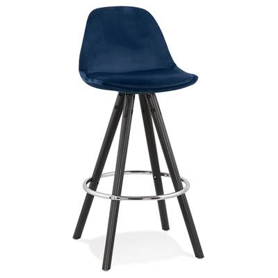 Tabouret snack mi-hauteur 'BLACK CIRCLE MINI' velours bleu 4 pieds bois noir et chromé dossier haut