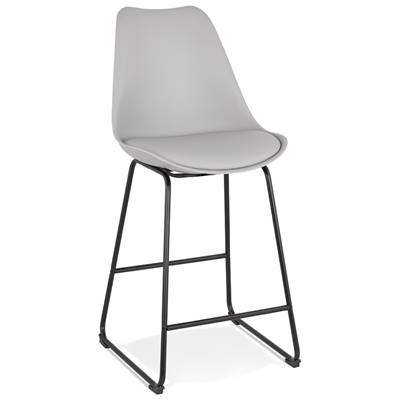 Tabouret snack mi-hauteur 'GUSTO MINI' gris pieds tréteaux et repose pieds métal noir dossier haut