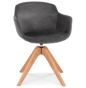Chaise design de style scandinave à accoudoirs 'VOGAN' en velours gris avec 4 pieds en bois naturel