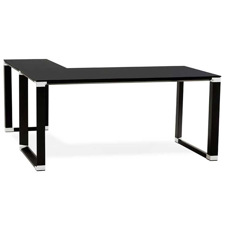 Bureau de direction d'angle design 'GLASSTOP L' plateau en verre noir pieds métal noir et chromé – 160 cm