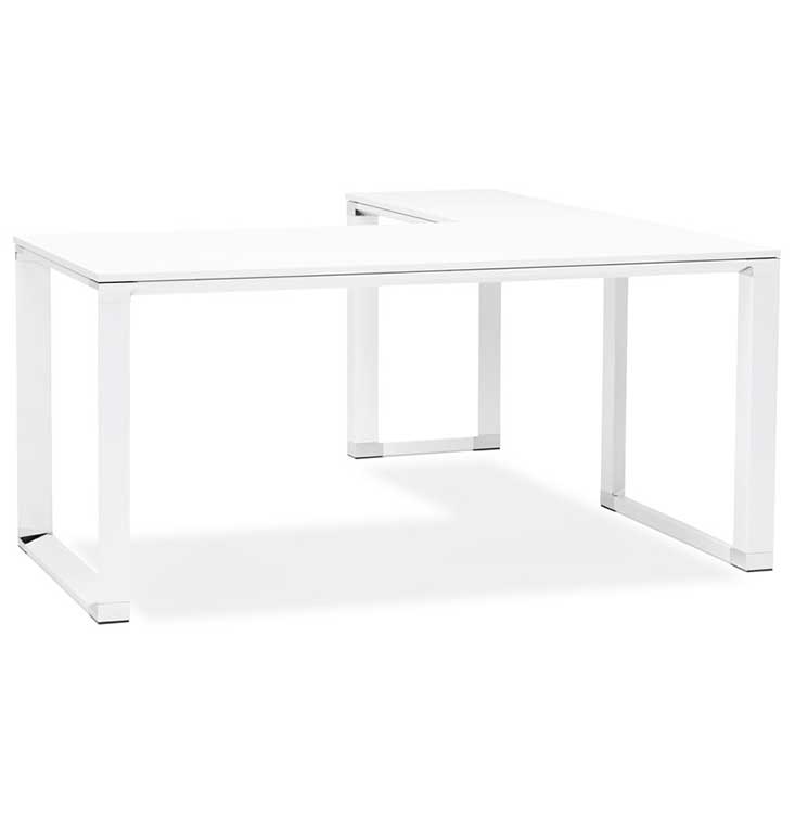 Bureau de direction d'angle 'Business L' plateau bois blanc pieds métal blanc et chromé – 160 cm