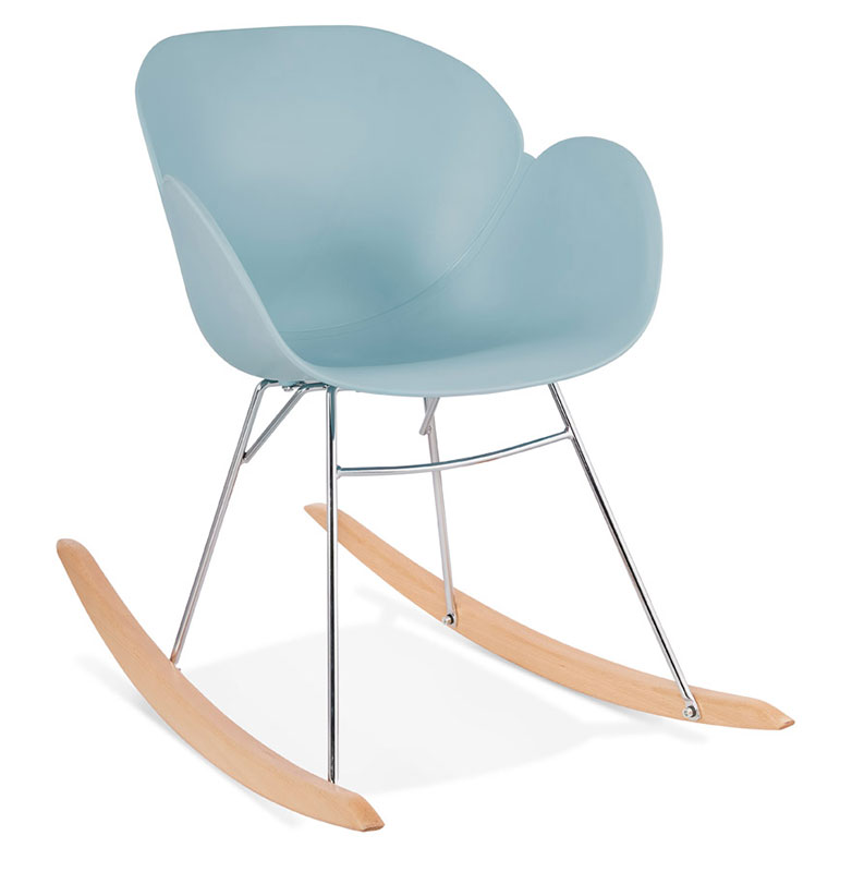 Chaise à bascule design scandinave à accoudoirs 'Gungstöl' bleue pieds en bois et métal chromé