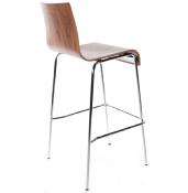 Tabouret de bar design 'Kadra' en bois noyer avec 4 pieds en métal chromé et dossier haut