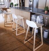 Tabouret de snack mi-hauteur design scandinave 'Skala' blanc pieds tréteaux bois naturel dossier bas