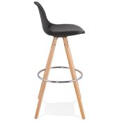 Tabouret de bar scandinave 'Circle' noir 4 pieds bois et repose pieds en métal chromé dossier haut