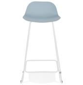 Tabouret de bar design 'Steel' bleu pieds tréteaux et repose pieds en métal blanc et dossier bas