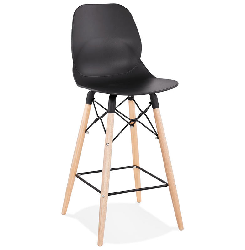 Tabouret de snack mi-hauteur scandinave 'Greatwood Mini' noir 4 pieds bois repose pieds dossier haut