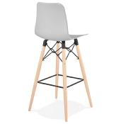 Tabouret de bar scandinave 'Slakwood' gris 4 pieds bois et repose pieds en métal noir dossier haut