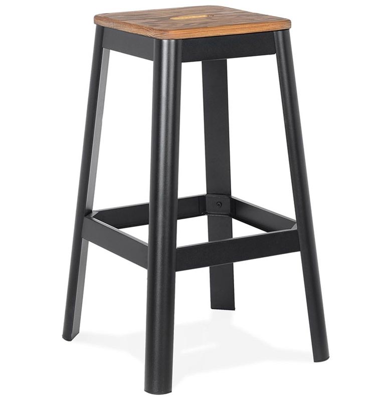 Tabouret de bar design style industriel carré 'FABBRICA' assise en bois avec 4 pieds en métal noir