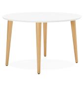 Table / table de réunion extensible ronde scandinave 'Fika' blanche 4 pieds en bois naturel – 120(220) x 120 cm